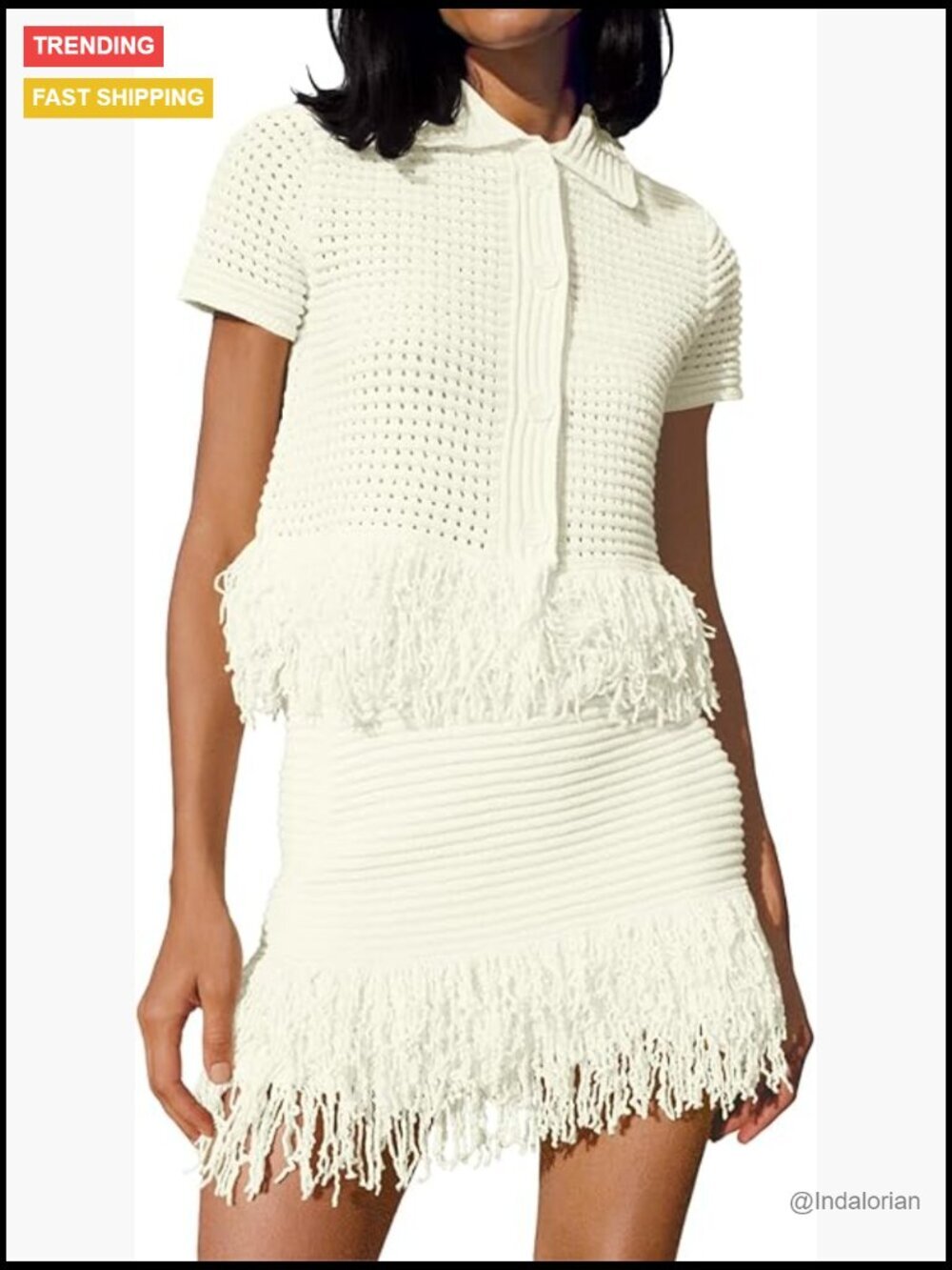 Crochet Short Sleeve Button Knit Sweater Top & Fringe Skirt Set